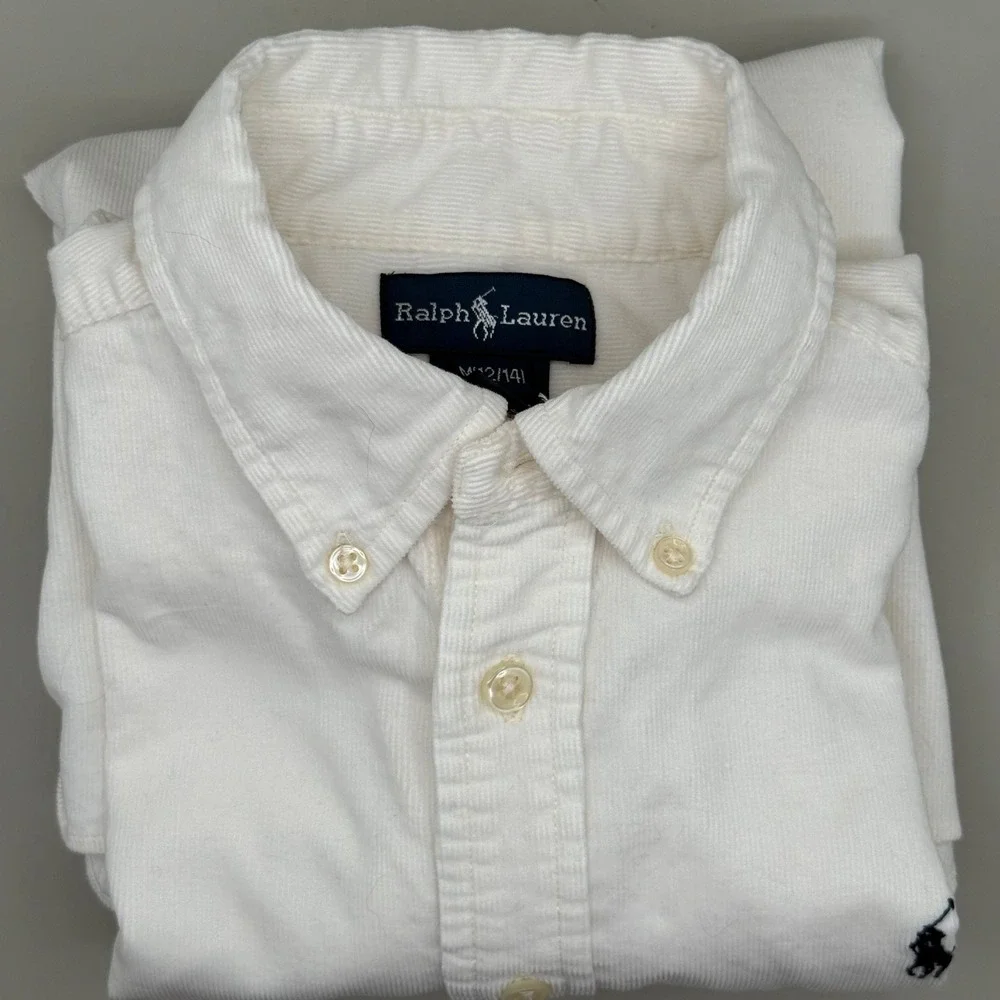 Ralph Lauren Boys White Corduroy Button Down Shirt Size M 12/14 Long Sleeve Pony - Picture 5 of 5
